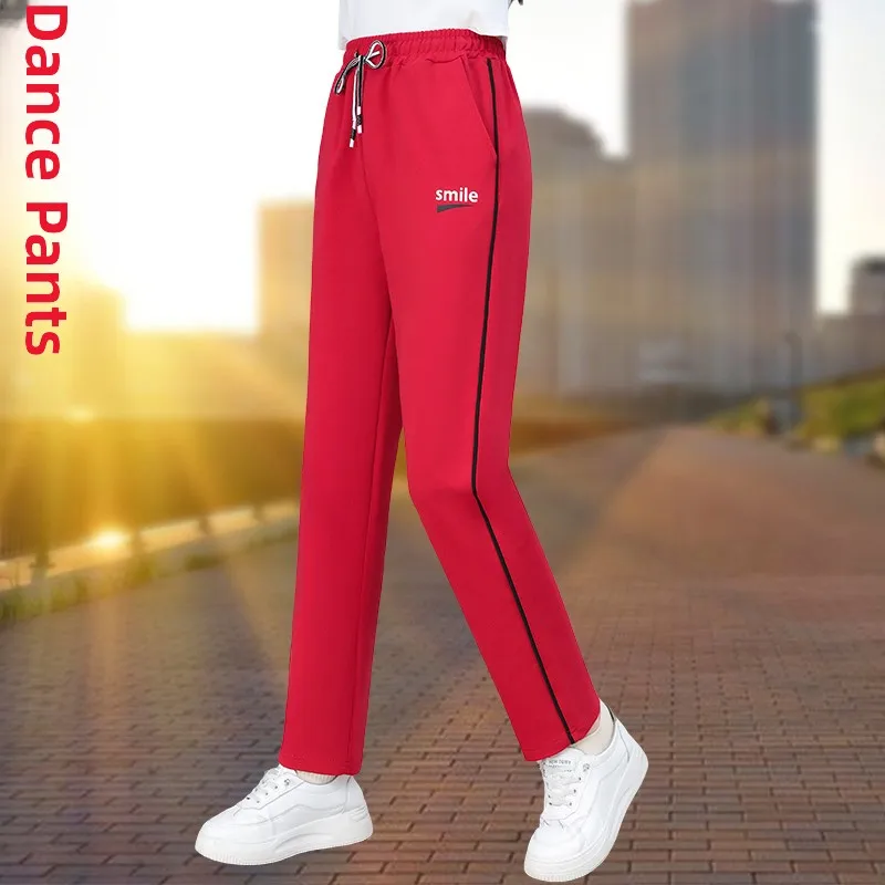 

Red Straight Leg Sport Pants for Women High Waist Cotton Polyester Blend High Rise Fitn Square Dancing Casual Trousers