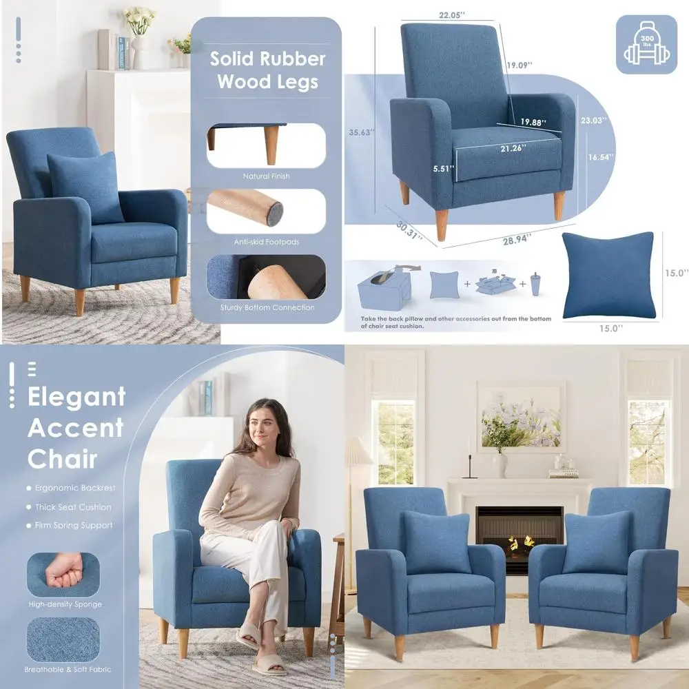 

Комплект из 2 синих мягких кресел, удобные приставные кресла для чтения с подушками на спинке и деревянными ножками