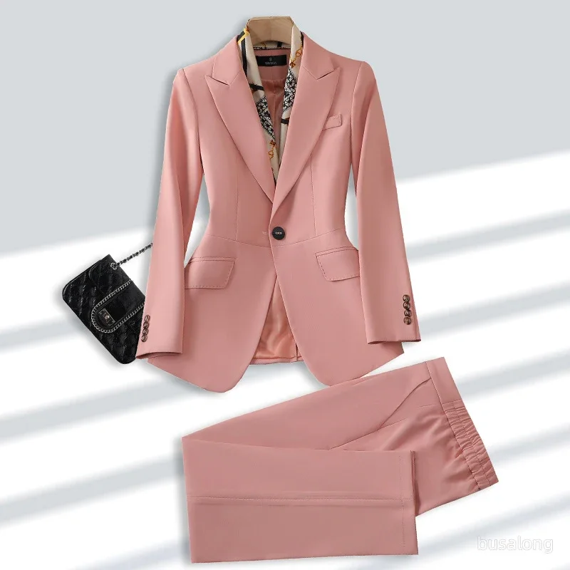 

Women Korean Chic Pant Suits 2024 New Long Sleeve Solid Casual Jacket Blazer Trousers Two Piece Set Outfits Uniform Clothing