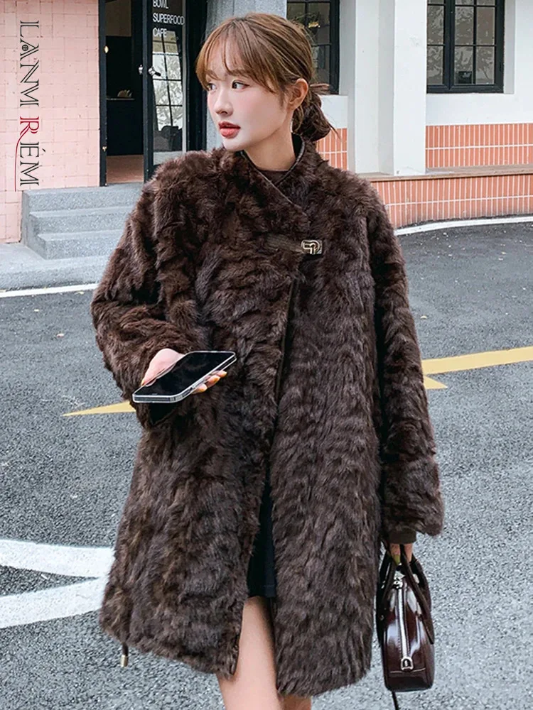 LANMREM Vintage Style Fur Jackets Women\'s Stand Collar Belt Gathered Waist Mid Length Coat Fashion Winter New Clothing 2VV1805