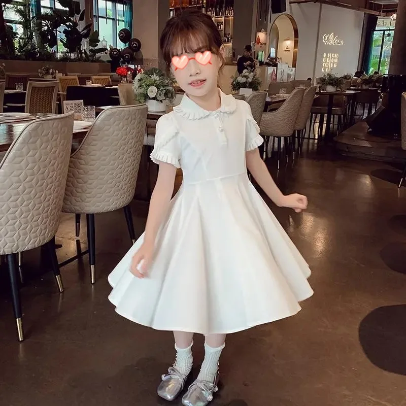 

Girl's Temperament White A-line Dress New Summer 2024 Children's College Style Short Sleeved Lapel Casual Dress