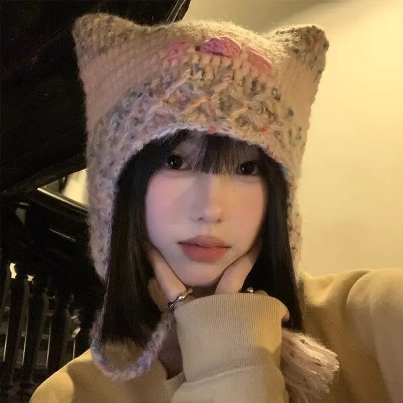 Y2K Style Cute Pink Cat Hat Winter Furry Warm Woven Beanie Hat Cute Funny Handmade Knitted Pullover Hat