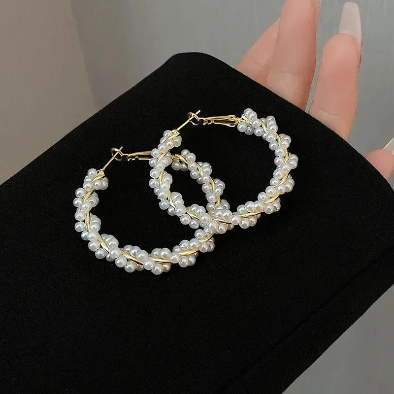 Korean Fashion Weaving Twisted Imitation Pearl Large Ring Earrings Women's Elegant Temperament Jewelry Holiday Party Accessories image 2