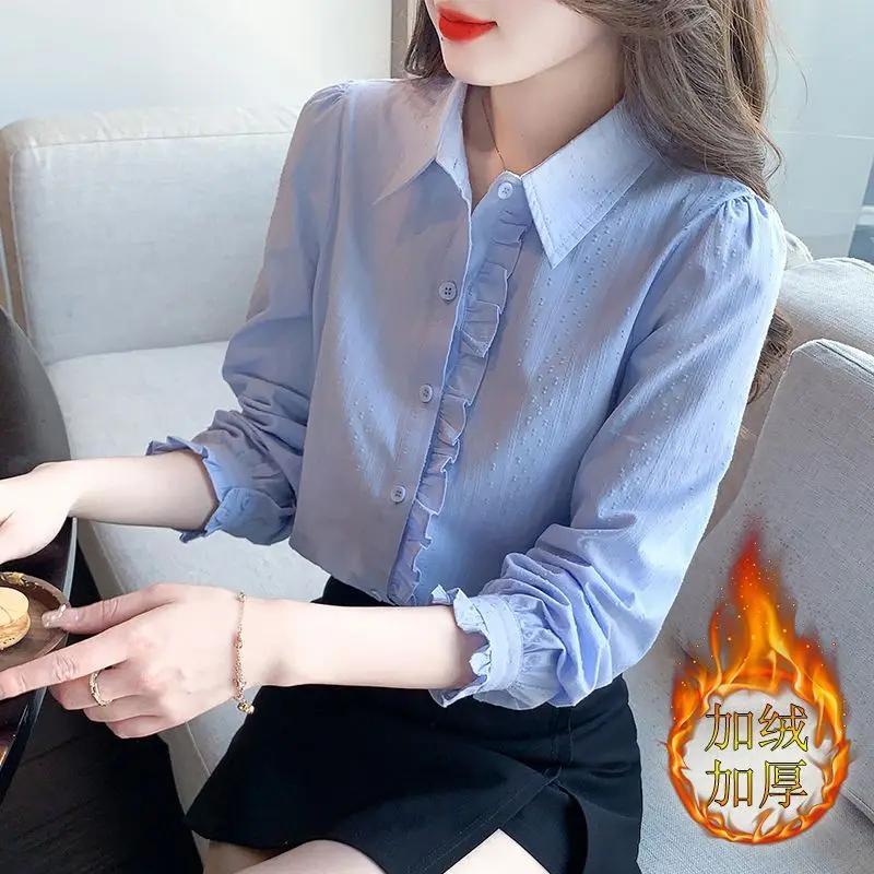 

Autumn and Winter New Fashion Mushroom Edge Splicing with Thick Velvet Blouse Women's Temperament All Cotton Long Sleeve Shirt