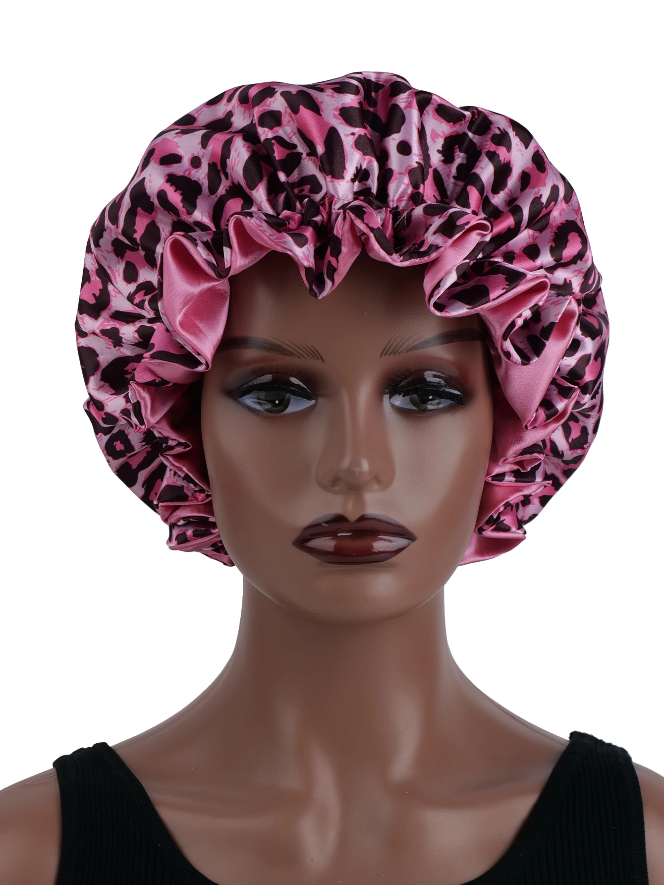 Leopard Print Satin Nightcap Double Layer Silky Bonnet with Adjustable Elastic Band High Quality Sleep Cap for Women