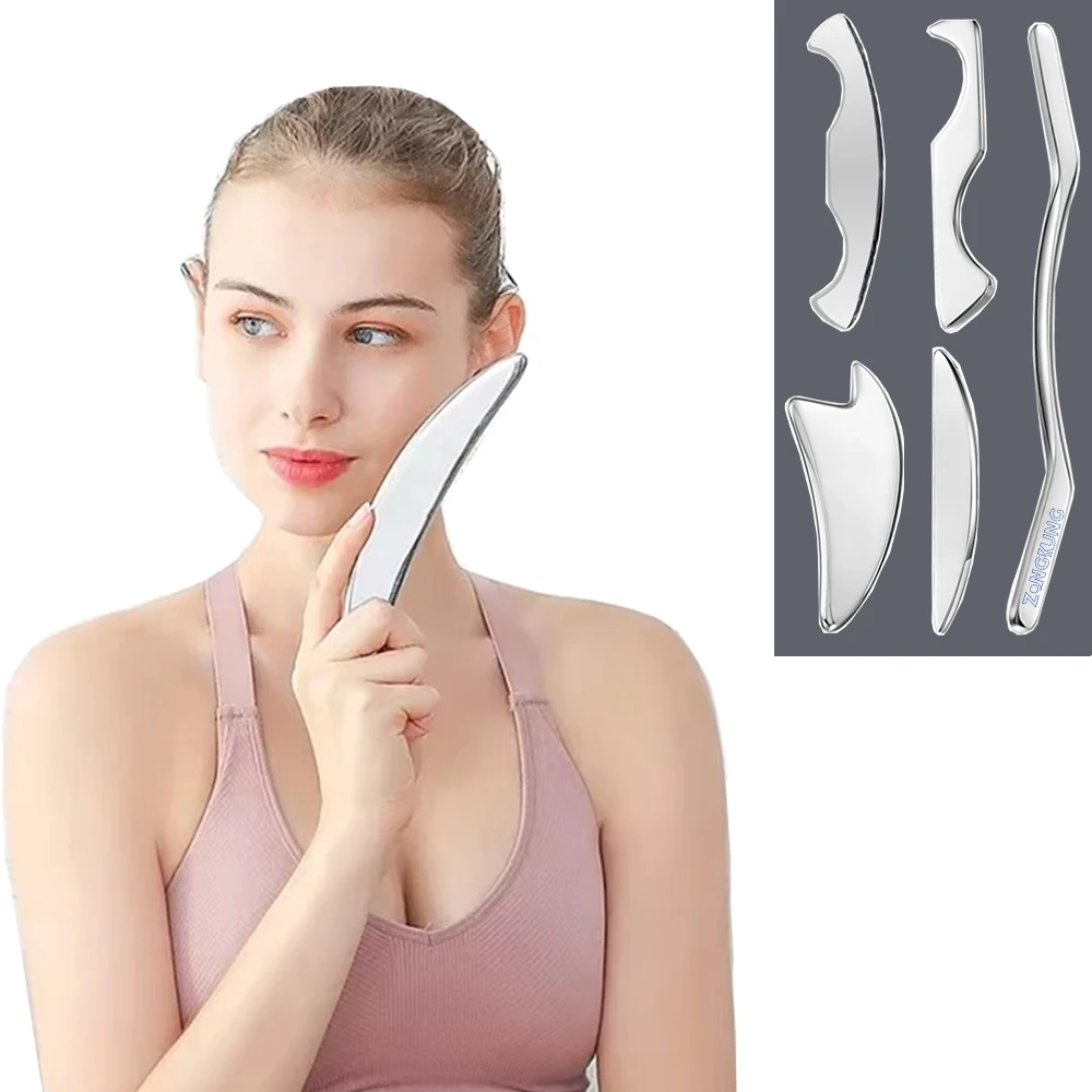 5Pcs/Set Stainless Steel Gua Sha Tools Scraping IASTM Muscle Soft Tissue Release Fascia Kits Spa Fitness Physical Therapy Massag