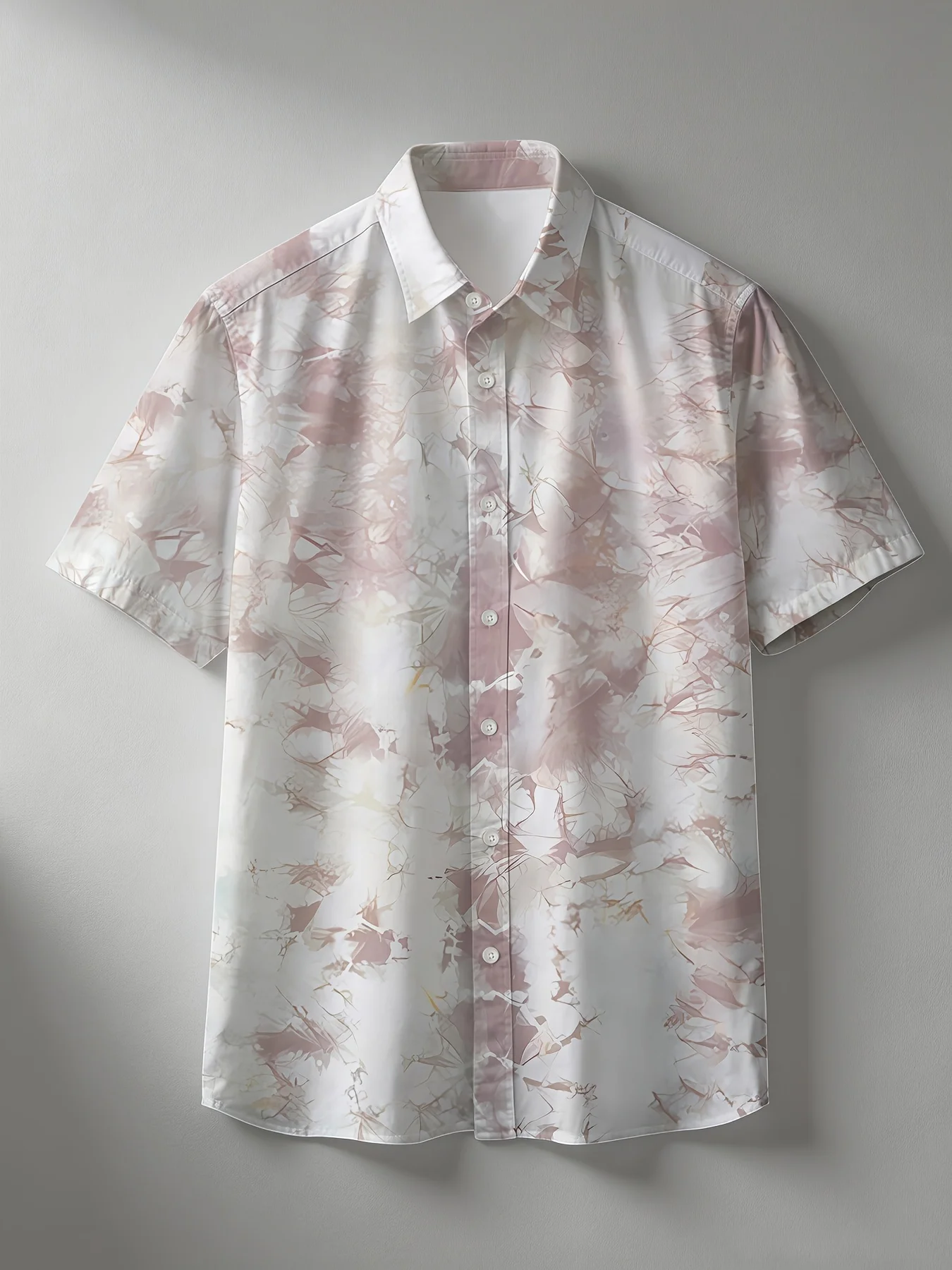 Men White Pink Ink Wash Marble Texture Soft Lightweight Short Sleeve Casual Shirt