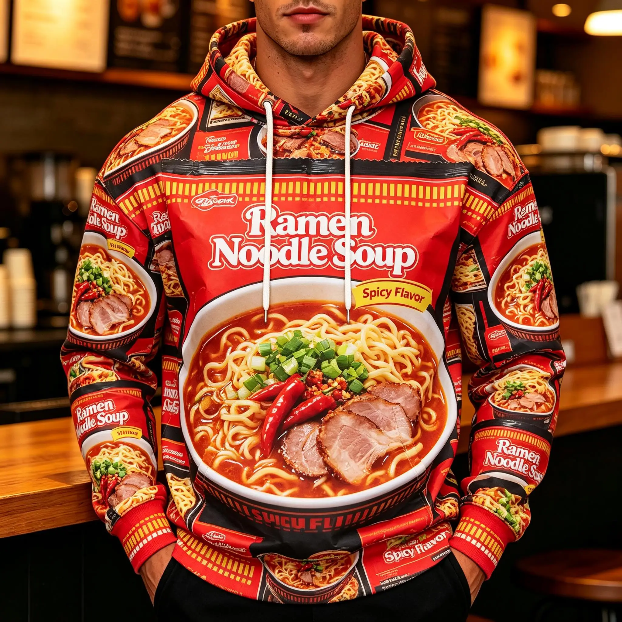 Men's Hoodie Blue Seafood Ramen Noodle Print Lightweight Stylish Pullover Sweatshirt for Food Lovers Party Daily Wear