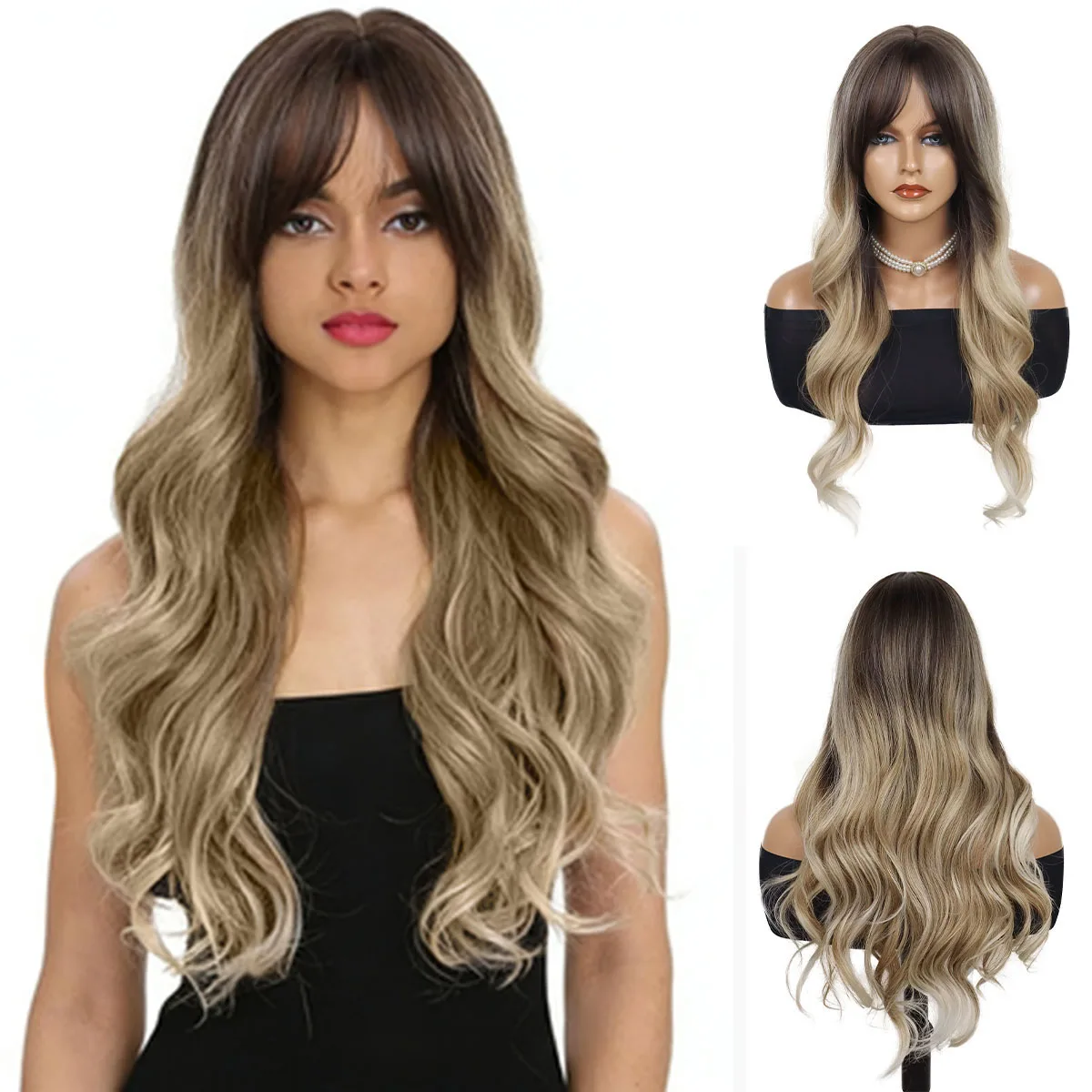 

Synthetic Long Wavy Wigs for Women Natural Hairstyle Wig with Bangs Gradient Blonde Ombre Wig Brown Hair Full Wigs Drag Queen