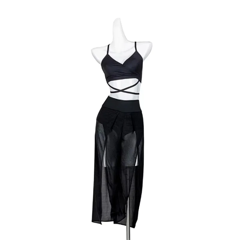 New Style Nylon and Mesh Ladies Classy Top Exotic Sport Clothes Slit Wide Leg Pants Women Sexy High Waist Pole Dance Wear