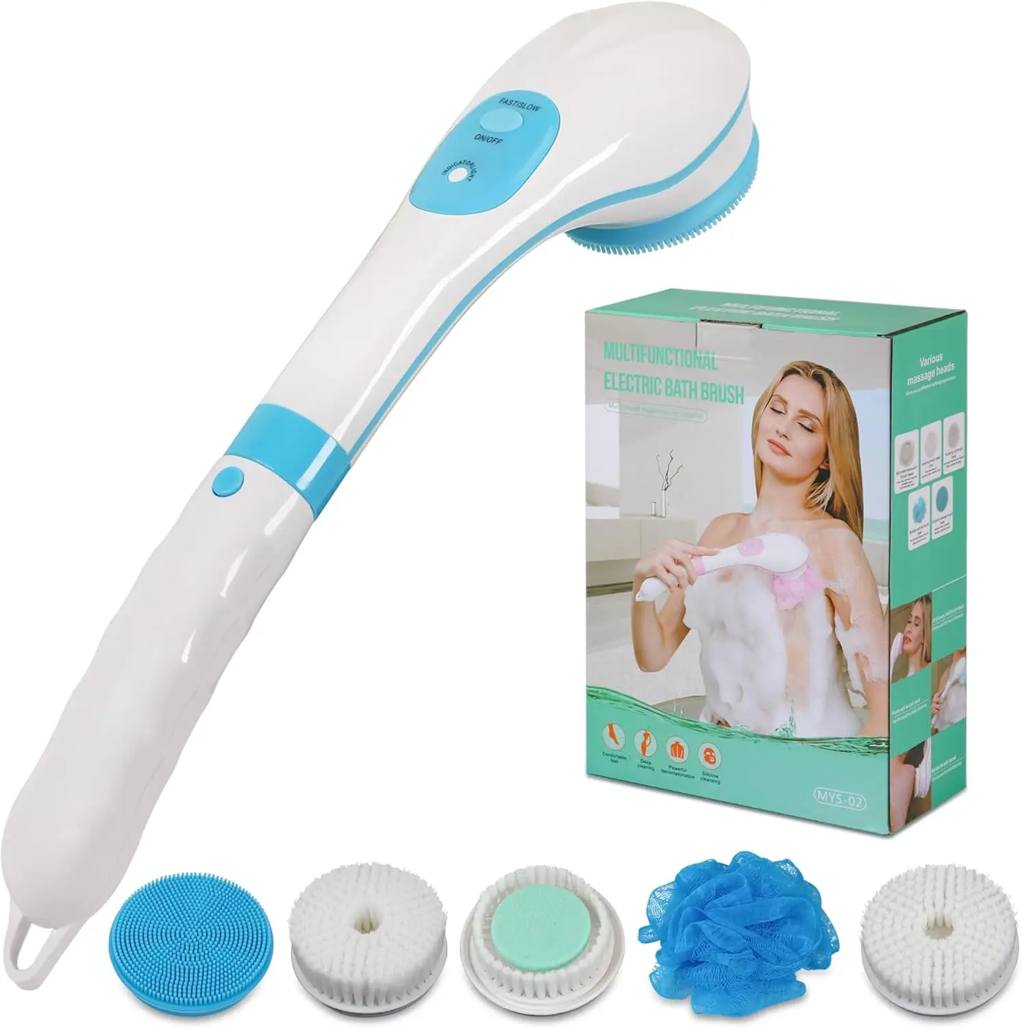 

Electric Bath Brush Back Scrubber for Shower, Detachable Long Handle Exfoliating Face Cleansing Silicone Massager, 5 Brus