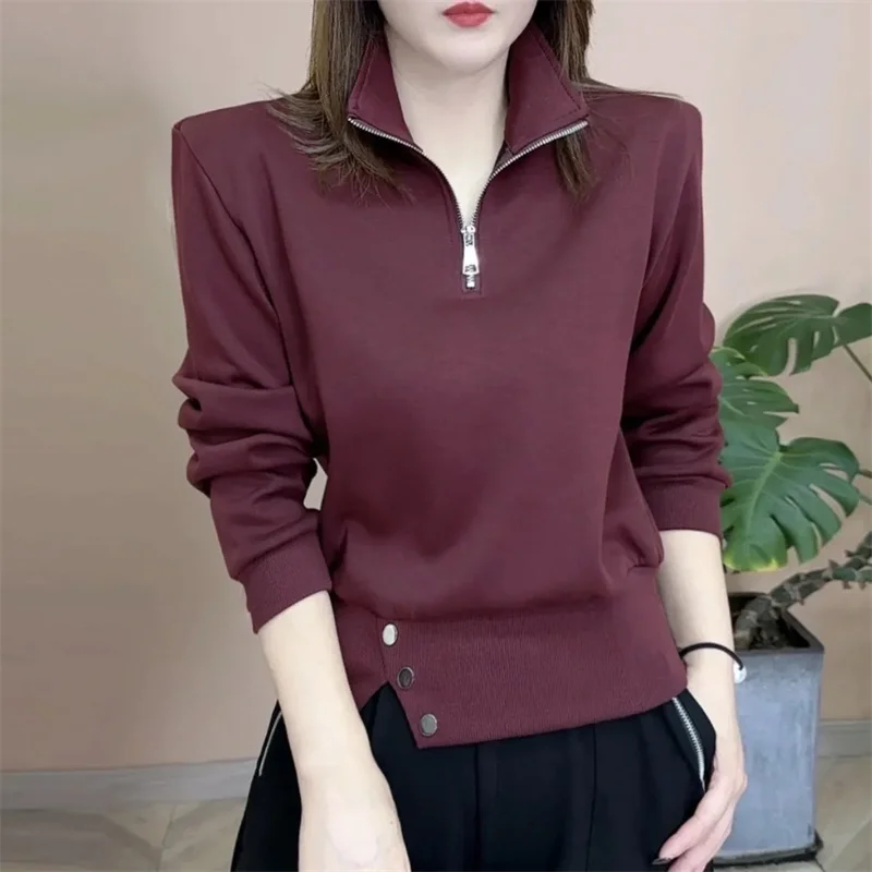 

Корейские женские толстовки с воротником-стойкой, весенние модные спортивные рубашки-куртки, осенние женские свитшоты с разрезом и молнией до половины