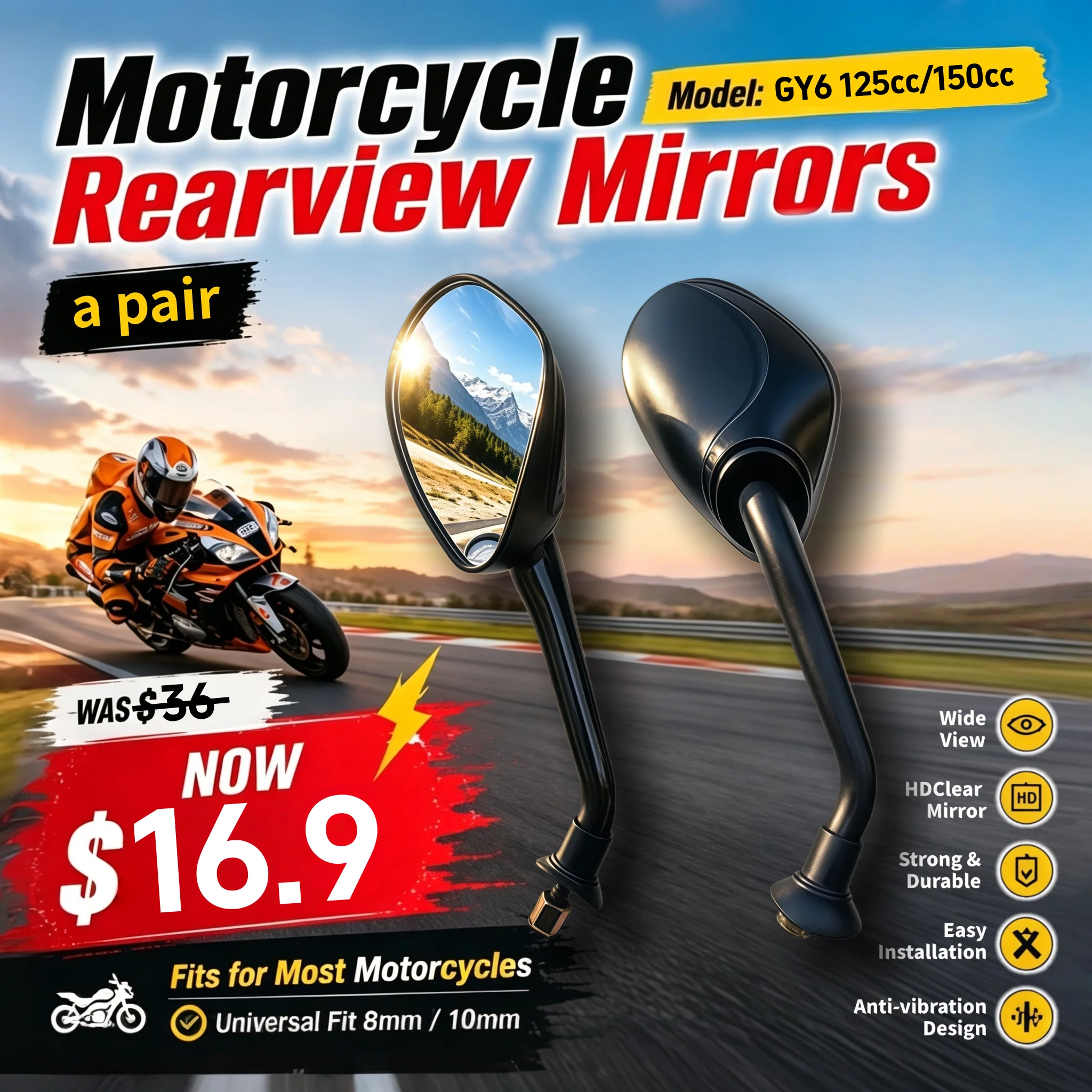 

Pair Hummer Design Convex Rearview Mirrors 8mm Thread Wide Angle Mirror For GY6 125/150cc Scooter E-Bike ATV