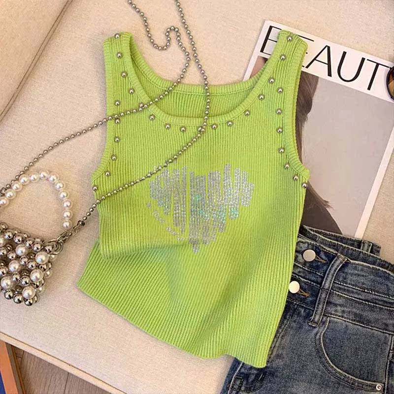 Summer New Chic Rivet Love Printing Tanks Women Vintage Elastic Slim O-neck Y2K Versatile Sleeveless Tops