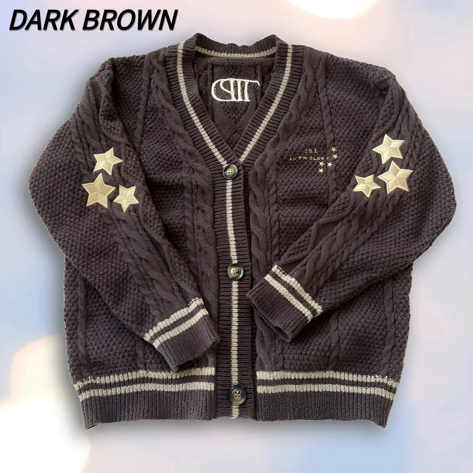 Back To School Warm Star Embroidered Loose Fit Women's Clothing Autumn Fashion Dark Brown Knitted Cardigan Women Sweater Y2k