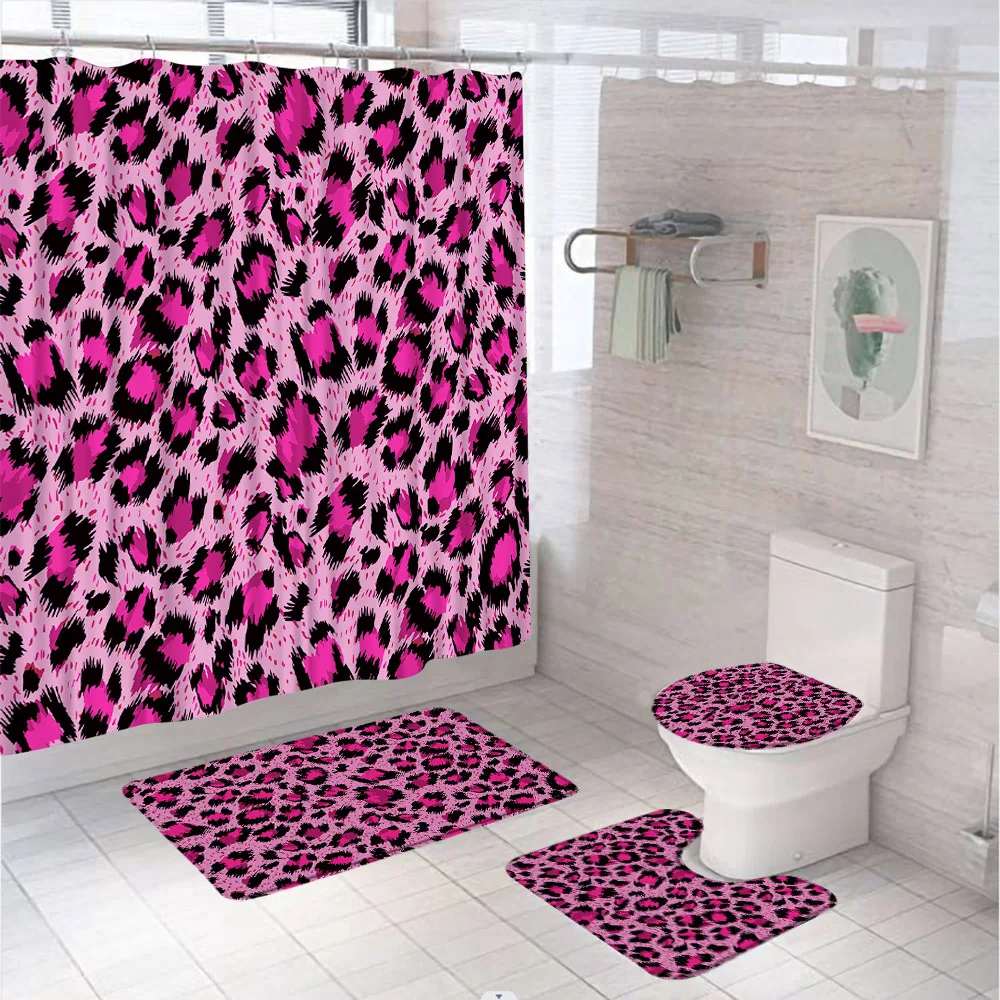 Leopard Print Shower Curtain Set Non-Slip Rug Toilet Cover Bath Mat Cheetah Wild Safari Skin Animal Fur Bathroom Decor Curtains