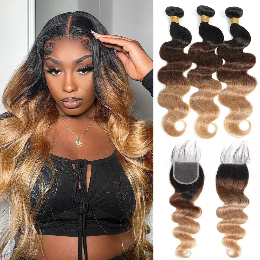 Ombre Color Body Wave Human Hair Bundles with closure Brazilian  human hair 1b/4/27 Hair Weave Bundles human Hair Extension