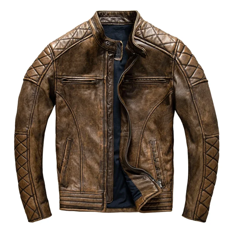 Męska kurtka skórzana vintage, żółto-brązowa, gruba, 100% skóra naturalna bydlęca, kurtka motocyklowa slim fit, męski płaszcz motocyklowy, wiosenna, rozmiar azjatycki.