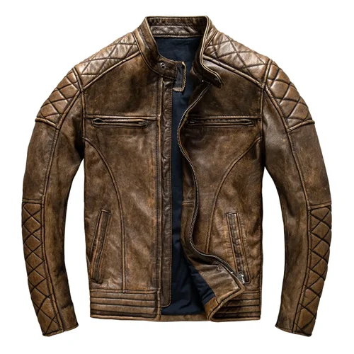 Chaqueta de cuero Vintage para hombre, chaqueta de motociclista de piel de vaca auténtica 100% gruesa, color amarillo y marrón, abrigo ajustado para motocicleta para hombre, talla asiática de primavera