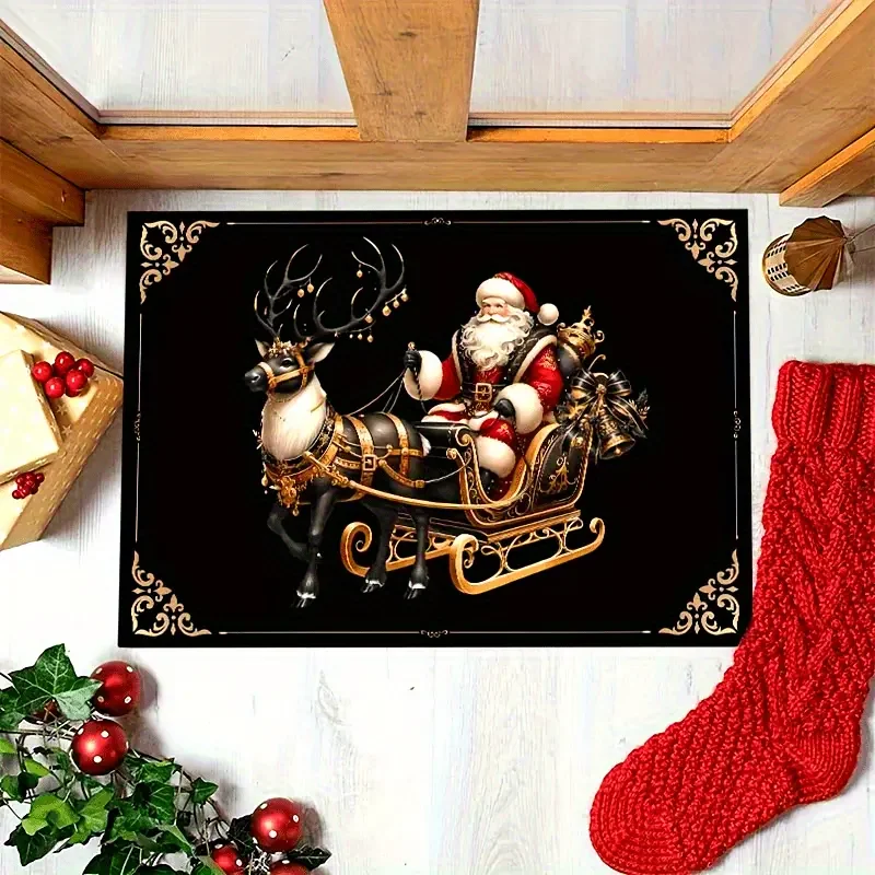 Xmas Classic Santa Reindeer Sleigh Door Mat Elegant Ornate Frame Pattern Indoor Porch Floor Decoration