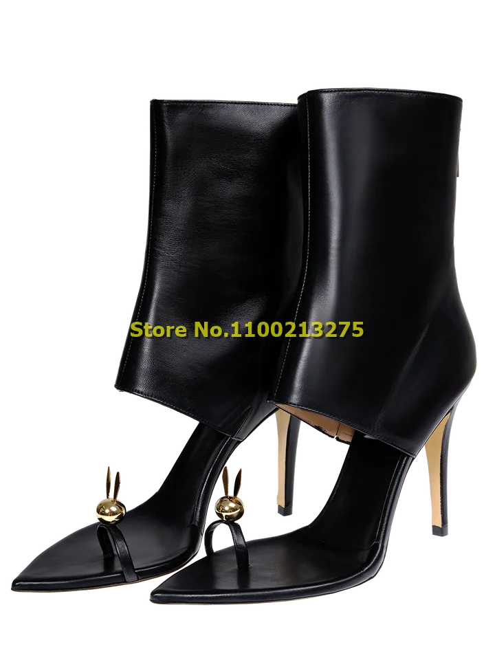 Gold Rabit Buckle Decor Boots Cut Out Black Sation Back Zipper Flip Flop Sexy Pointed Toe Thin High Heel Fashion 2024 Shoes