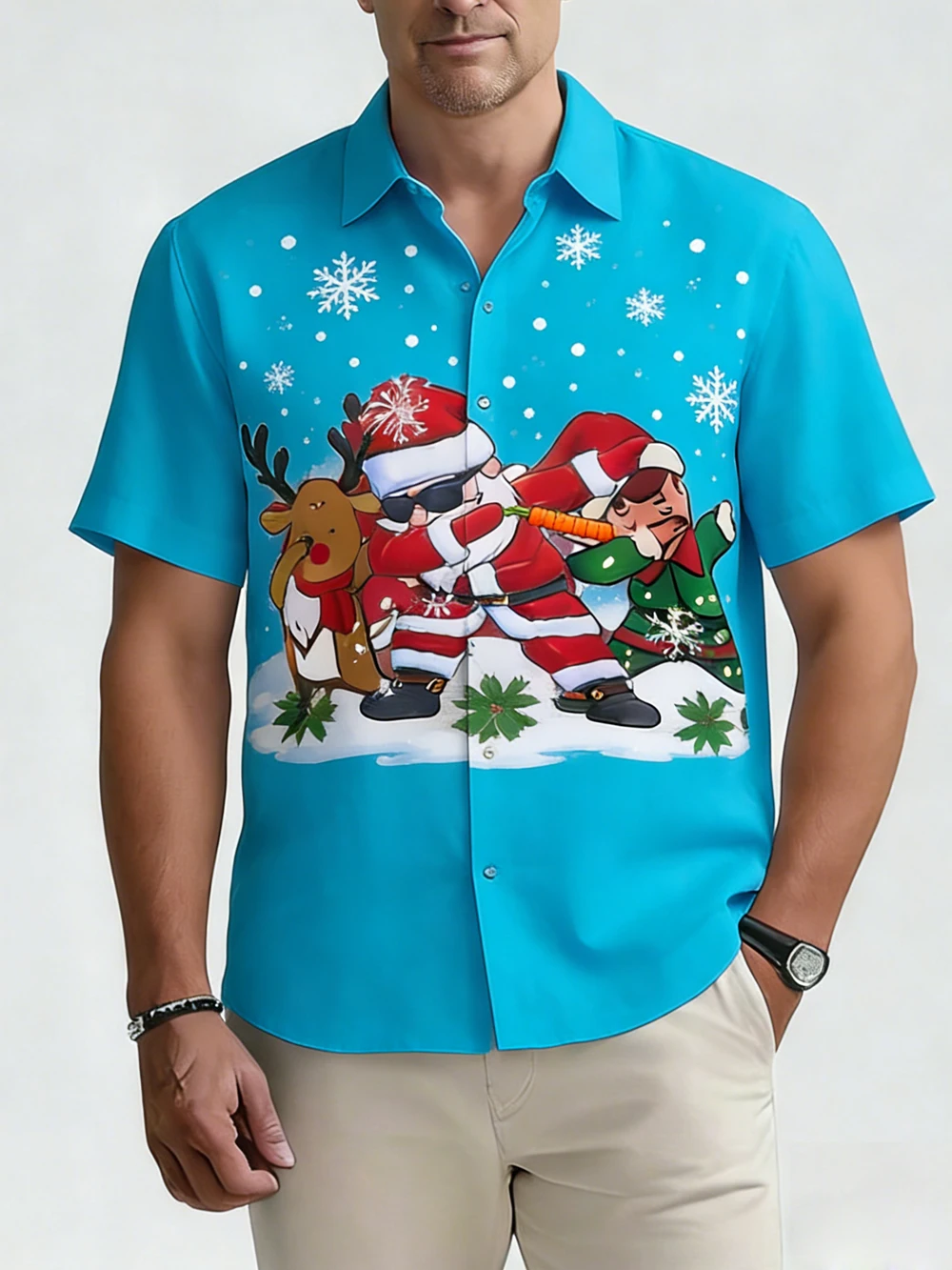 Men's short-sleeved linen Christmas theme tropical 3D printed white shirt Hawaiian beach casual vacation outdoor party clothes