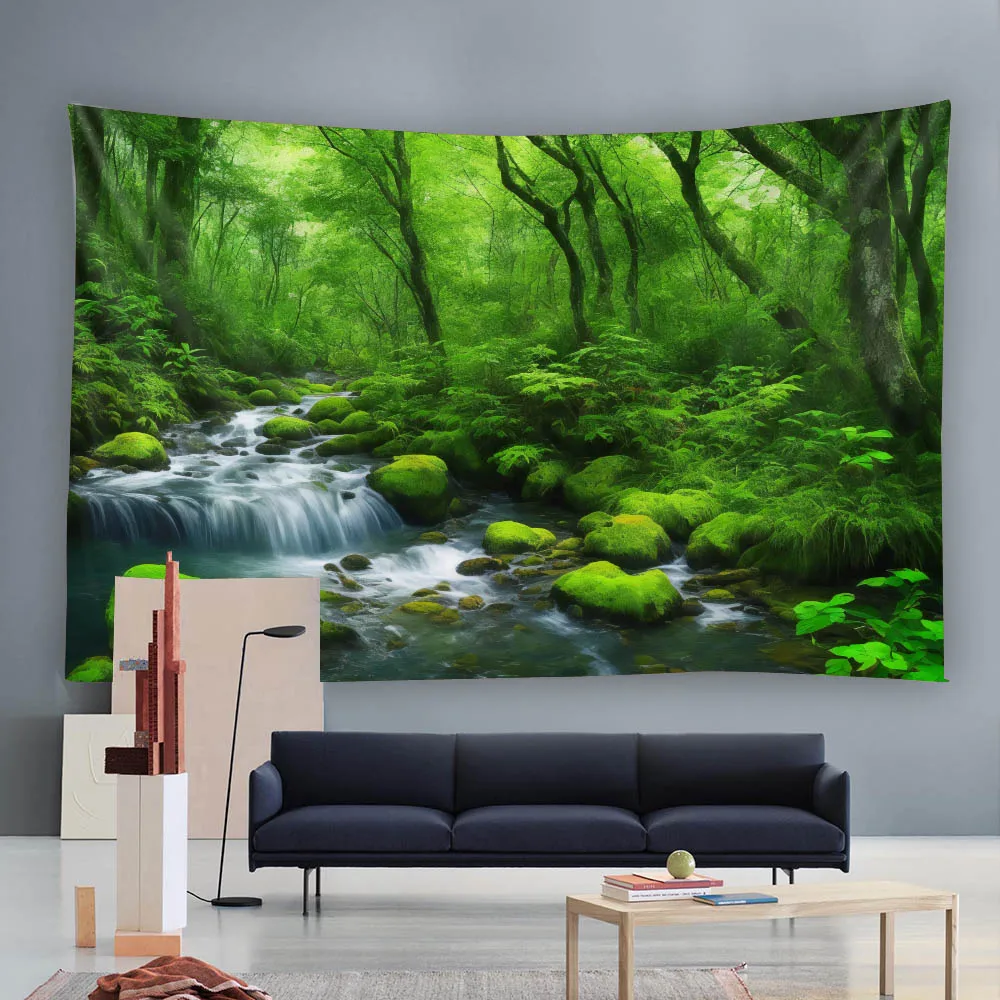 Jungle Waterfall Green Forest Printed Tapestry Wall Hanging Multi Size Natural Scenery Decor for Home And Dormitory