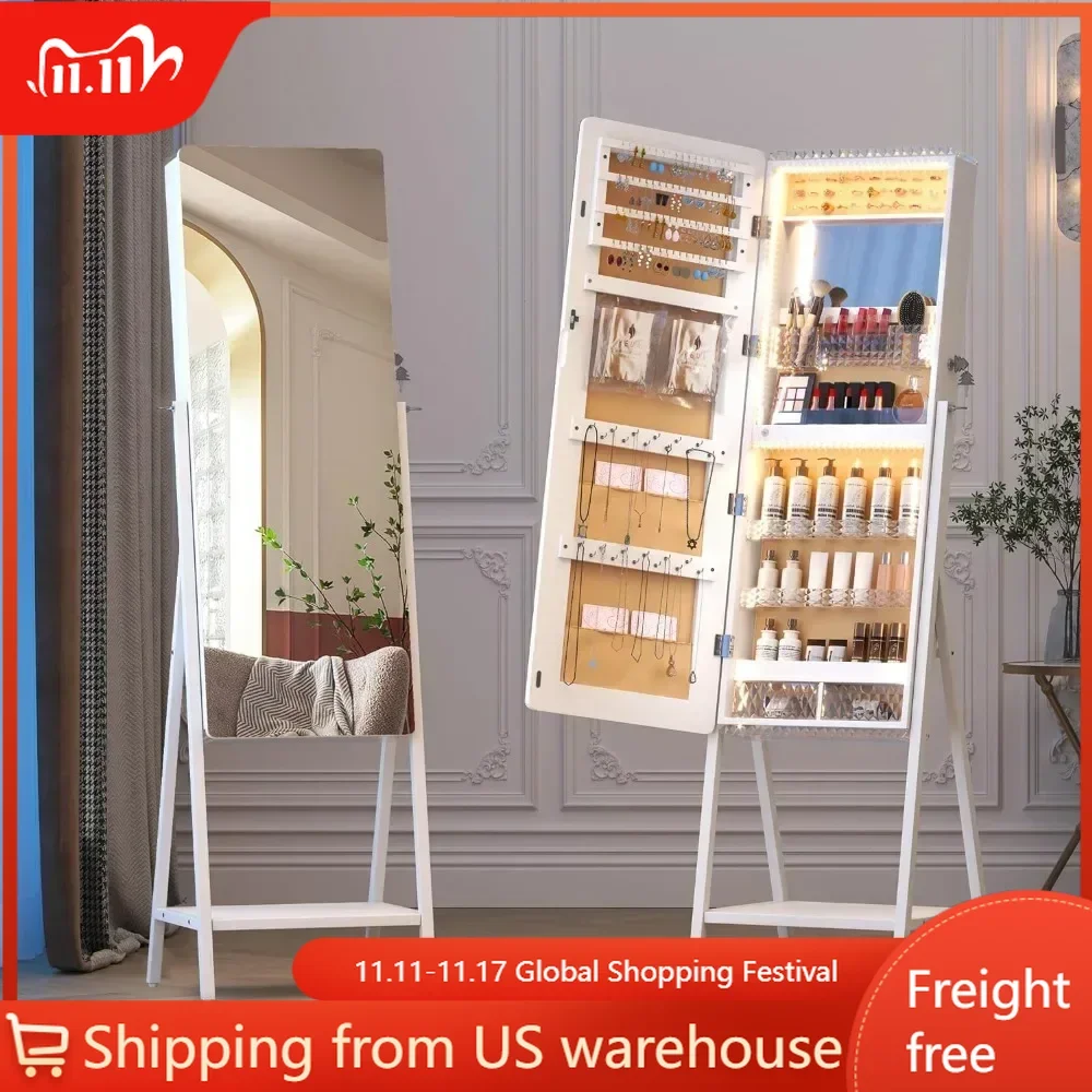 LED Jewelry Mirror Cabinet Armoire Free Standing Full-Length Mirror With Jewelry Storage W/ 2 Drawers Bottom Shelf Cabinets Home