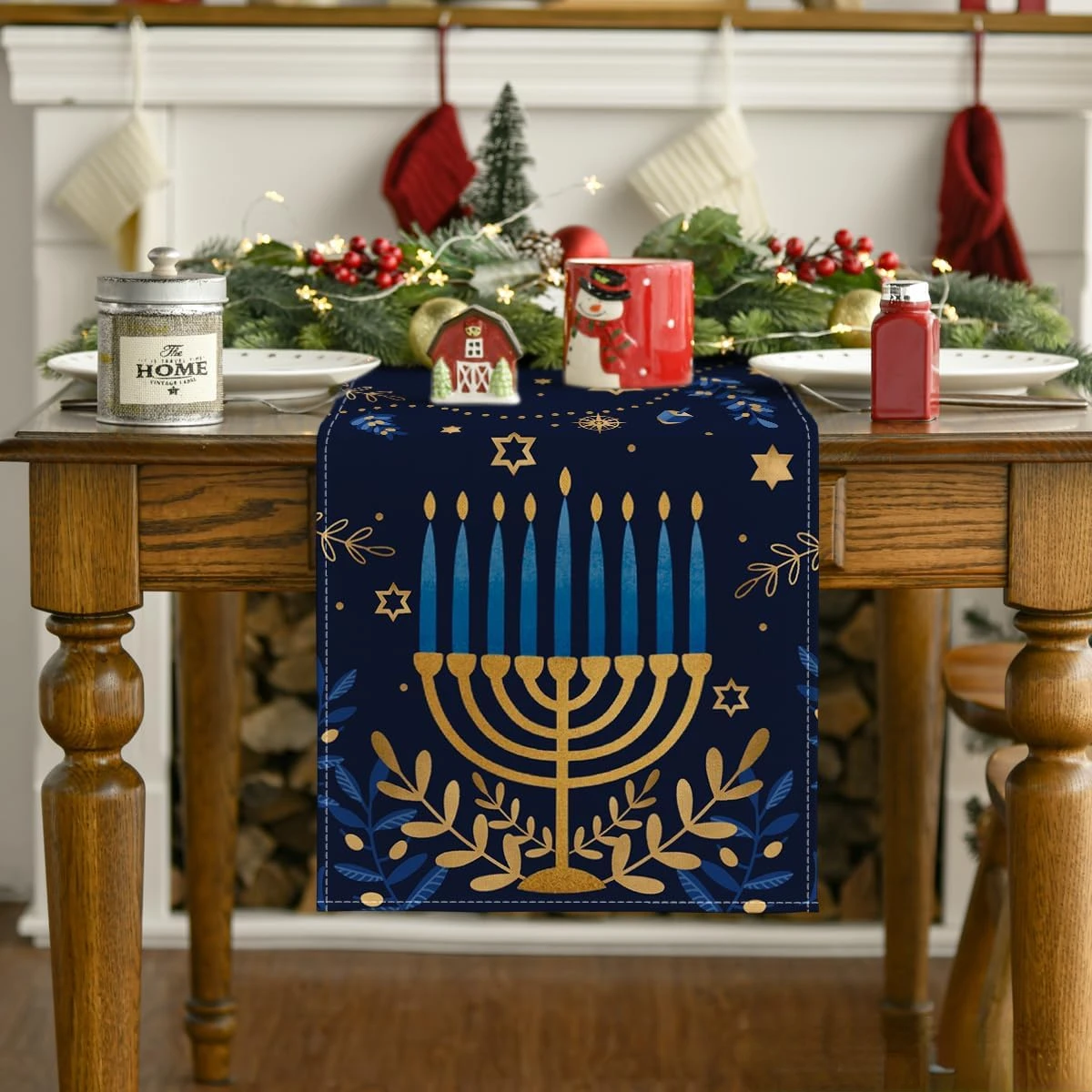 Hanukkah Watercolor Star Olives Linen Table Runners Seasonal Chanukah Menorah Table Runner Jewish Hanukkah Chanukah Party Decor