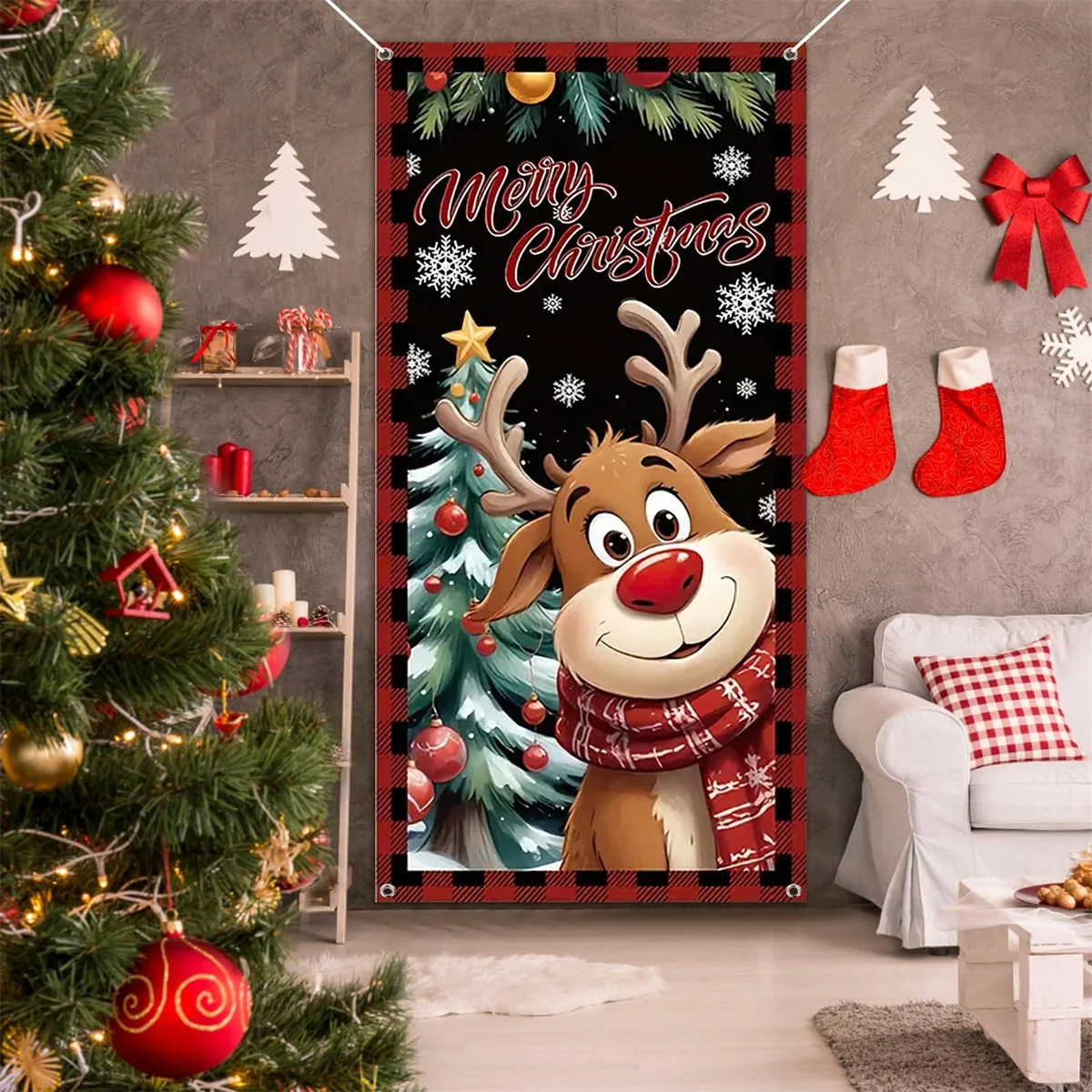 

Christmas Curtains Christmas Elk Photo Background Cloth New Year's Atmosphere Decoration Hanging Cloth