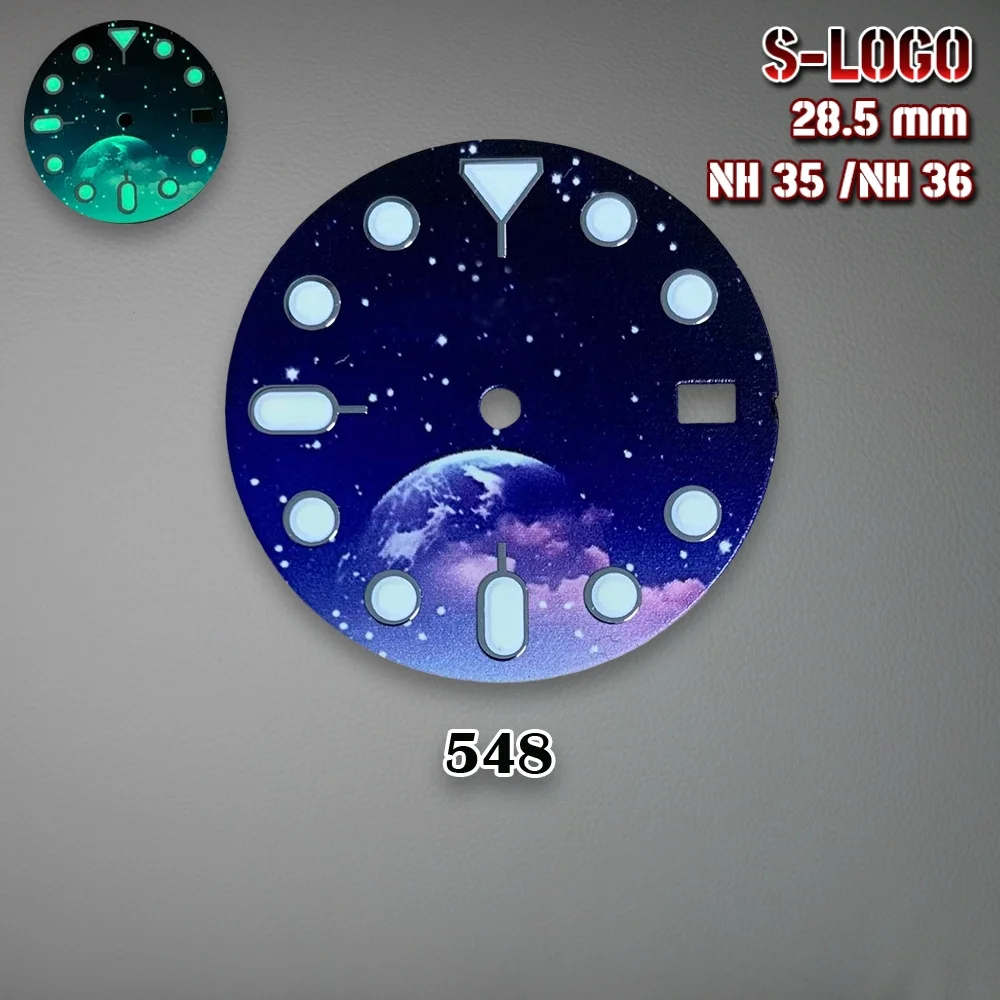 28.5 مللي متر NH35 الطلب S شعار الأرض القمر السماء المرصعة بالنجوم الهاتفي مناسبة لحركة NH35 C3 قوي الأخضر مضيئة ساعة تعديل Accessori