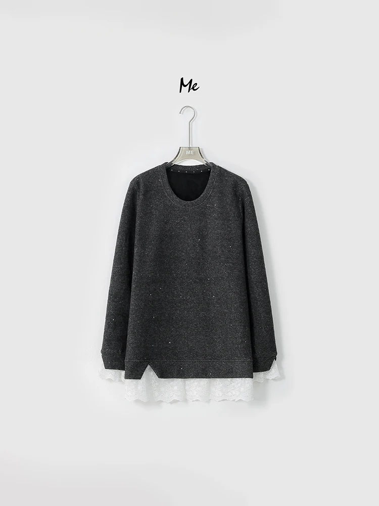 

Warm Fce Lined Lace Patchwork Oversized Mid-Length Sweatirt by Laoyang Soft Cozy Base Layer Top for Women