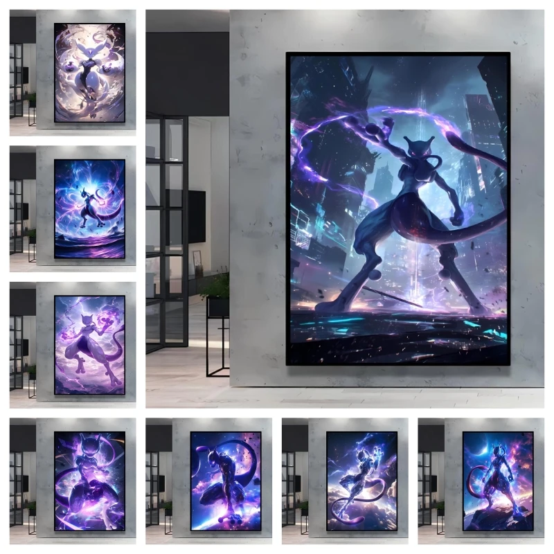 الكلاسيكية أنيمي البوكيمون Mewtwo المشارك HD شخصية كرتونية صور قماش اللوحة ديكور المنزل غرفة المعيشة ديكور هدية أحجام متنوعة