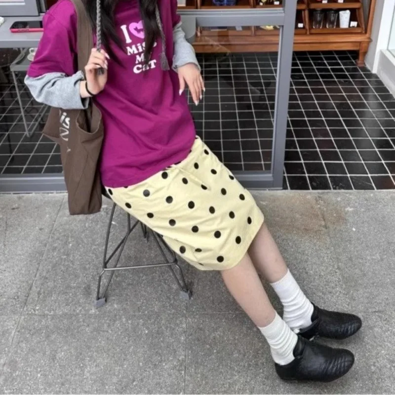 

Korean High Waist Drawstring Casual Yellow A-line Skirt Women 2025 Summer New Streetwear Polka Dot Printed Mid-length Skirt