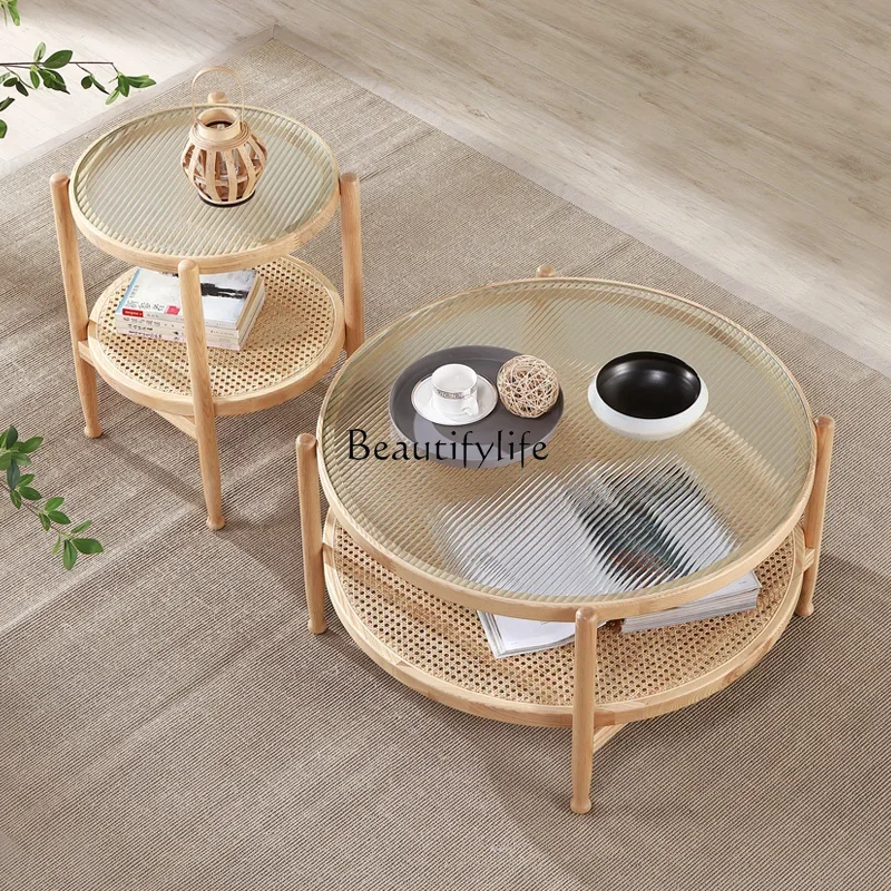 

yj9Nordic simple modern solid wood rattan round coffee table living room B & B Japanese glass balcony small round table