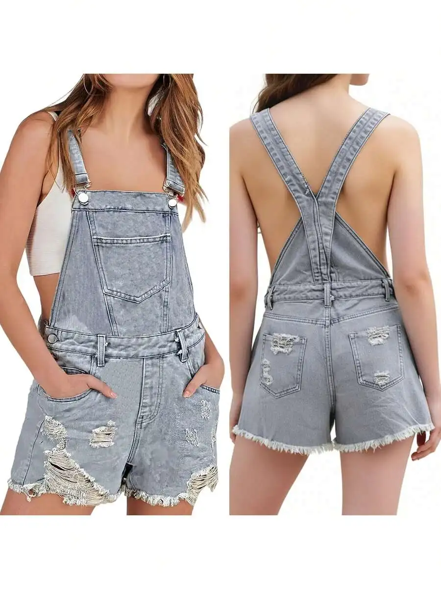 

Womens Denim Bib Overall Shorts With Adjustable Straps Ripped Distressed Casual Jumpsuit