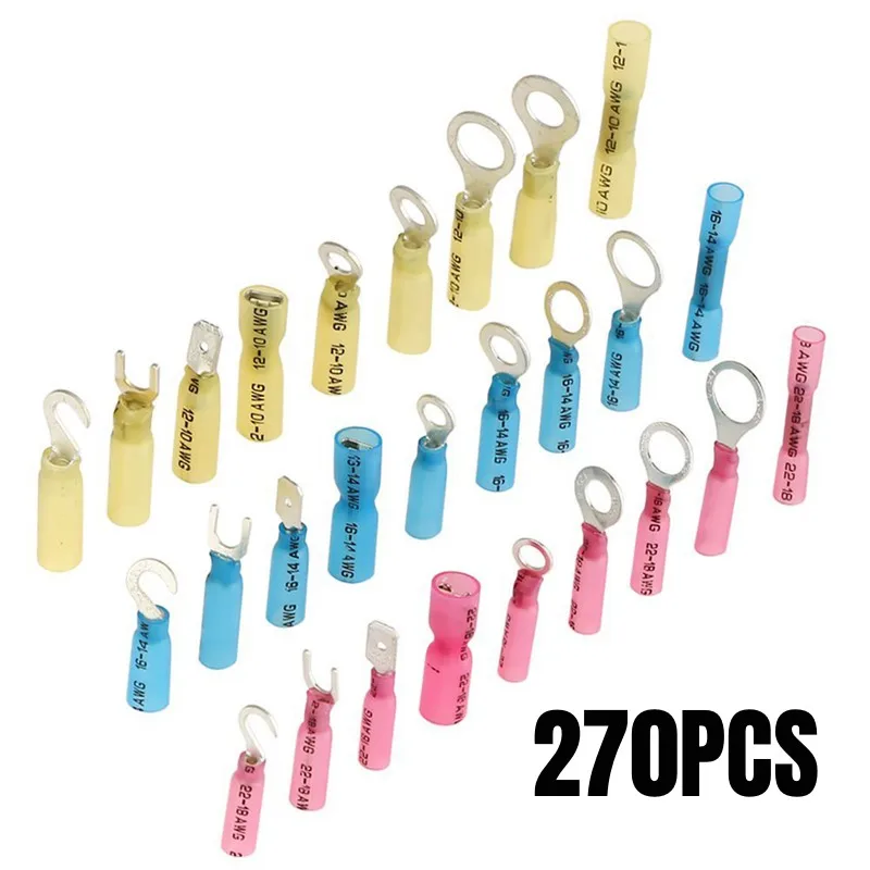 

270Pcs Waterproof Spade Ring Fork Splice Crimp Terminals Heat Shrink Connectors Female Male Electrical Wire Connectors Kit