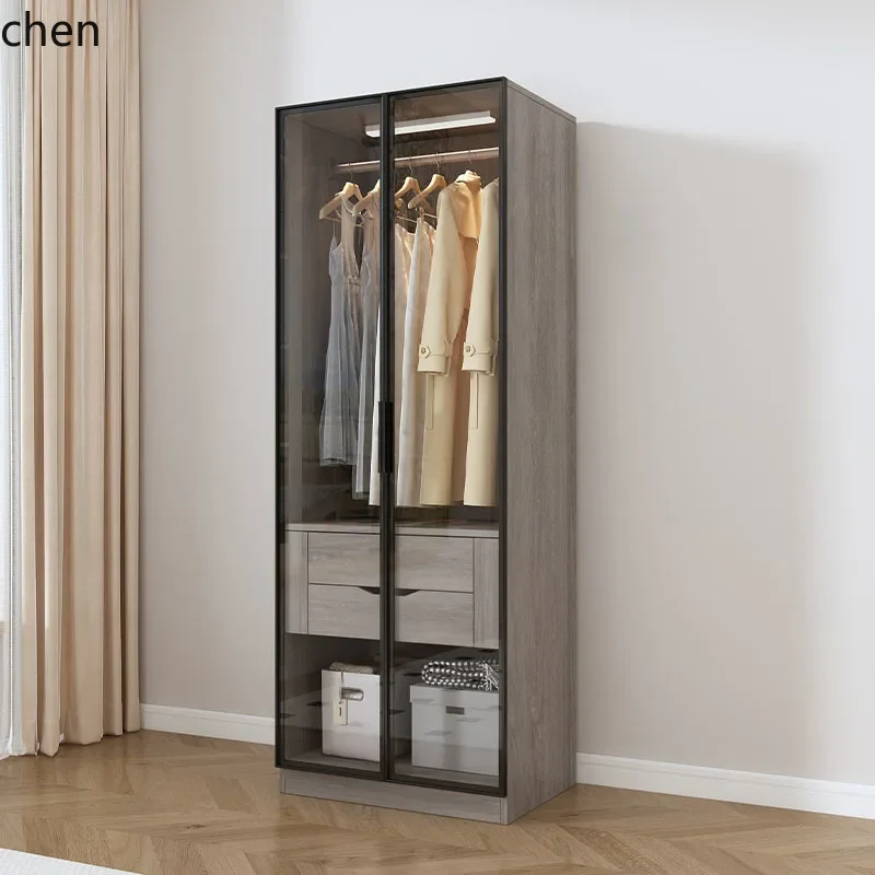 solid wood wardrobe household bedroom glass cabinet small apartment modern simple storage cabinet simple clothing cabinet