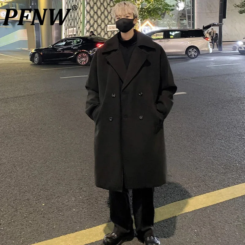 

PFNW Korean Style Men's Woolen Coat Double Breasted Pockets Solid Color Autumn Fashion Male Loose Trench New Fashion 2024 12C978