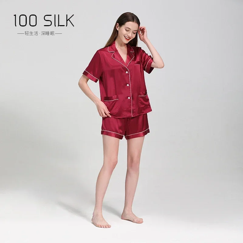 25 Momme Silk Short Sleeve Shirt & Shorts Sleepwear 100% Mulberry Silk Casual Pajama Comfortable Home Loungewear Two Piece Set