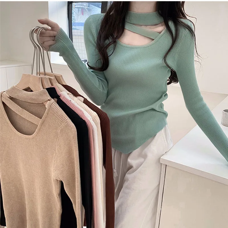 

Korean Style Sweater Woman Knitted Bottoming Shirt Inner Wear Spring AutumnHalter Top Casual All-Match Hollow Jumpers 2023