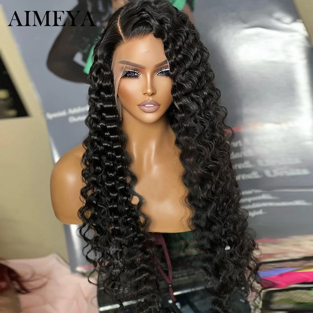 AIMEYA Black Deep Curly Wigs for Women Synthetic Lace Front Wig Long Lace Wigs Side Part High Temperature Fiber Cosplay Wig