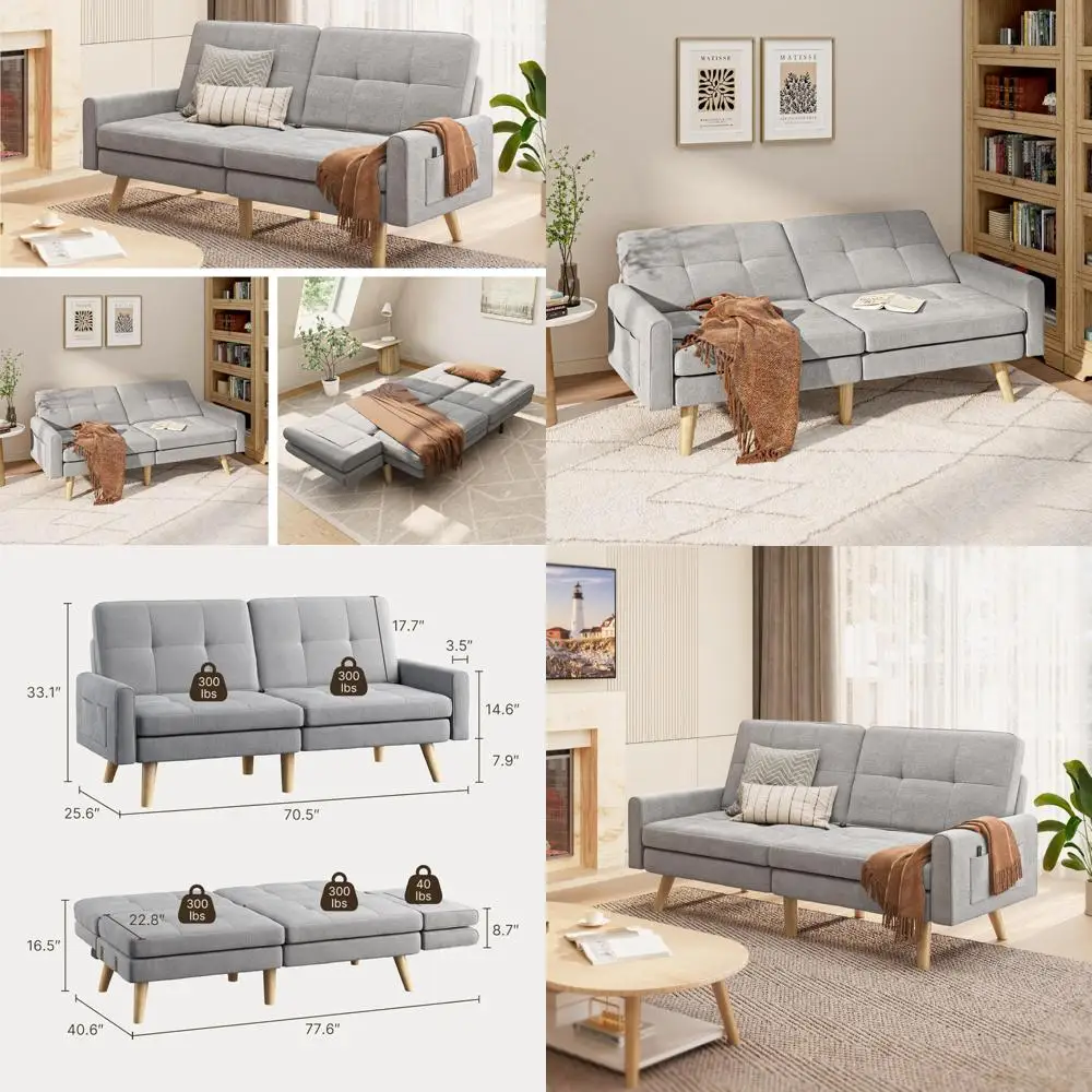 

Adjustable Backrest Futon Couch Bed, Modern Sleeper Sofa with Removable Armrest for Extended Length
