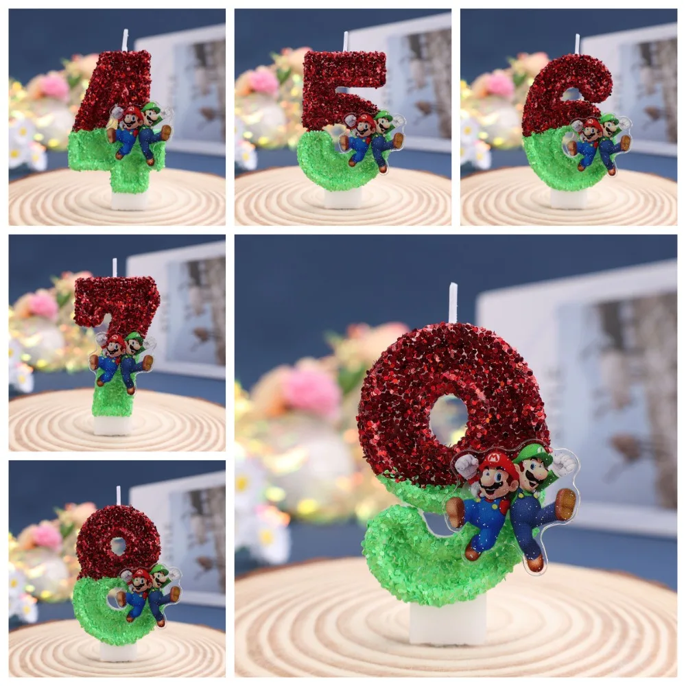 Velas de números creativas con purpurina DIY de Mario para niños, decoraciones para pastel de cumpleaños del 0 al 9, suministros de decoración para fiestas para adultos y niños