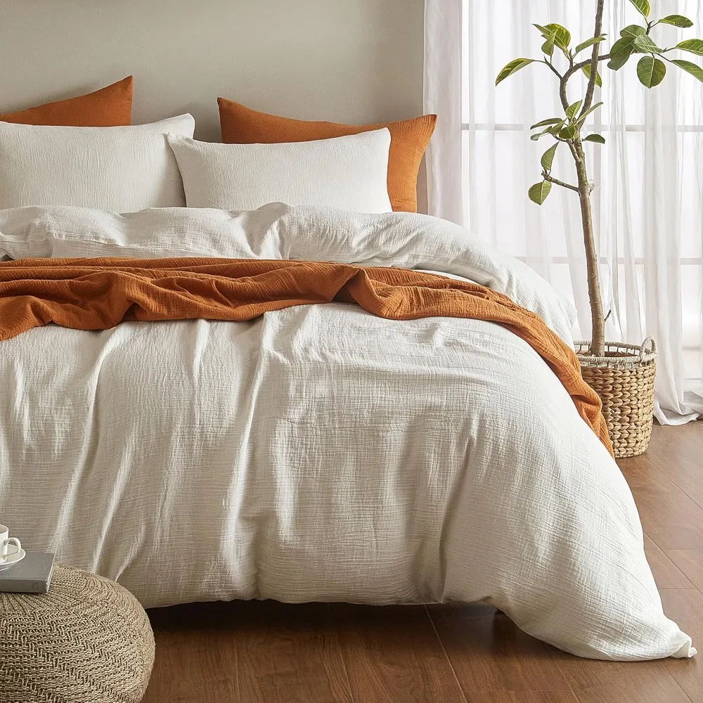 

Queen Size 100% Cotton Washed Muslin Duvet Cover Set, Ultra Soft Linen-Like Comforter Cover, 3-Piece Bedding Ensemble