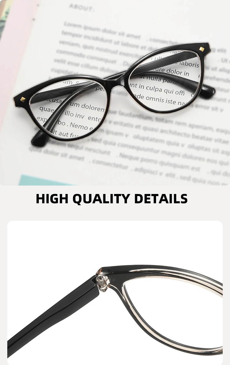 Gafas de lectura tipo ojo de gato de 3 piezas: detalles exquisitos del remache, bisagras de resorte para un mejor ajuste