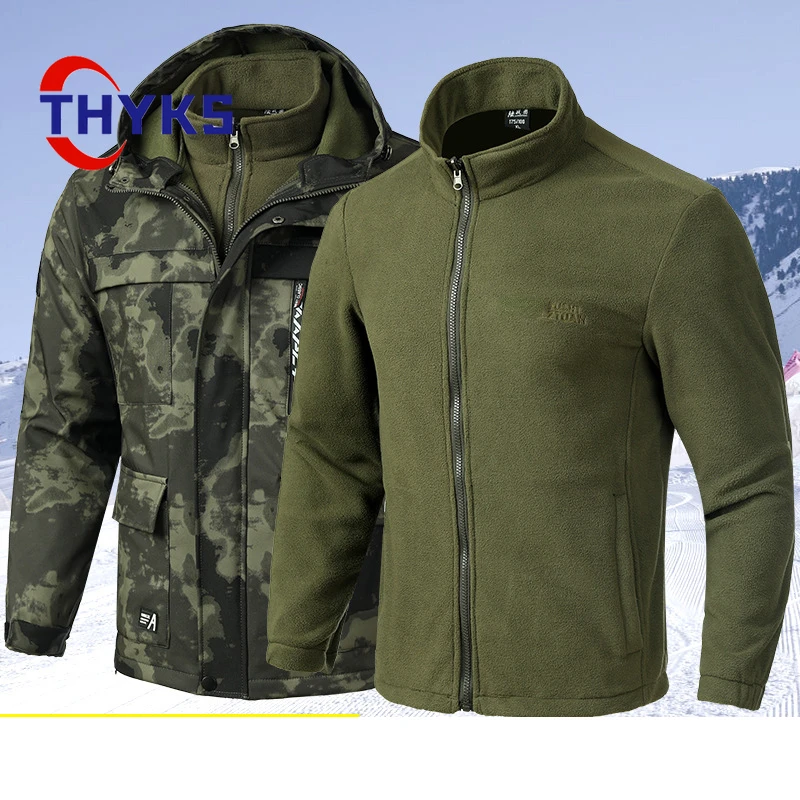 Men's Plush Thickened Assault Suit Waterproof Warm Detachable Inner Liner Soft Shell Jacket Cotton Comfortable Casual Loose Coat