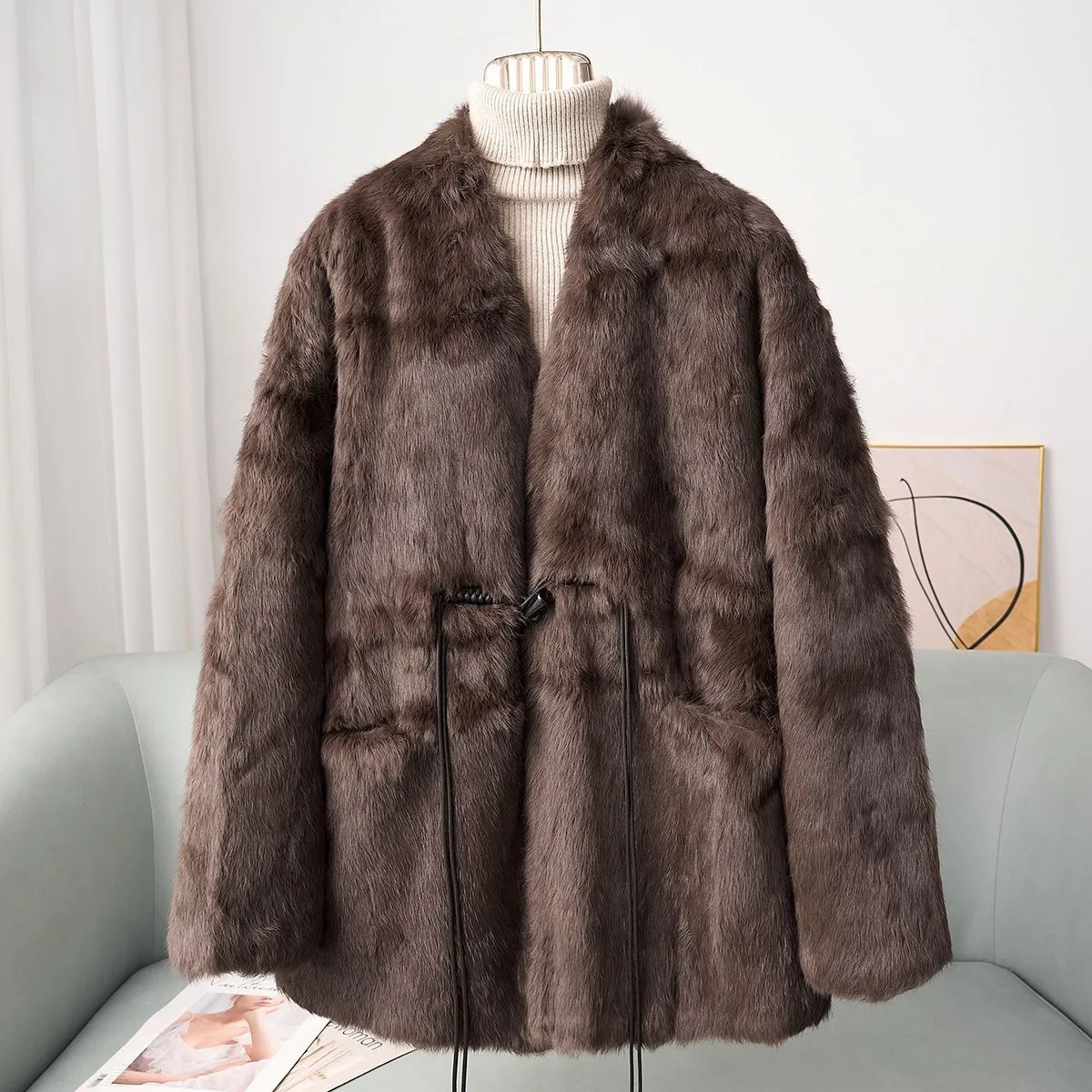 

2025 Autumn and Winter New Chinese Style Button Rabbit Fur Fur Coat Women's Medium To Long Fur Jacket