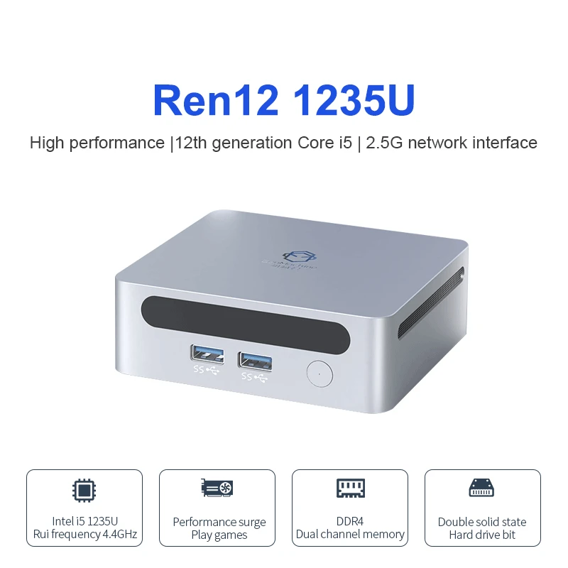 Ren12 1235U 미니 PC, 인텔 12 세대 i5 1235U, 10 코어 lris Xe 그래픽, 최대 1.2G, DDR4 3200MHz RAM, Wifi6 컴퓨터 데스크탑 PC