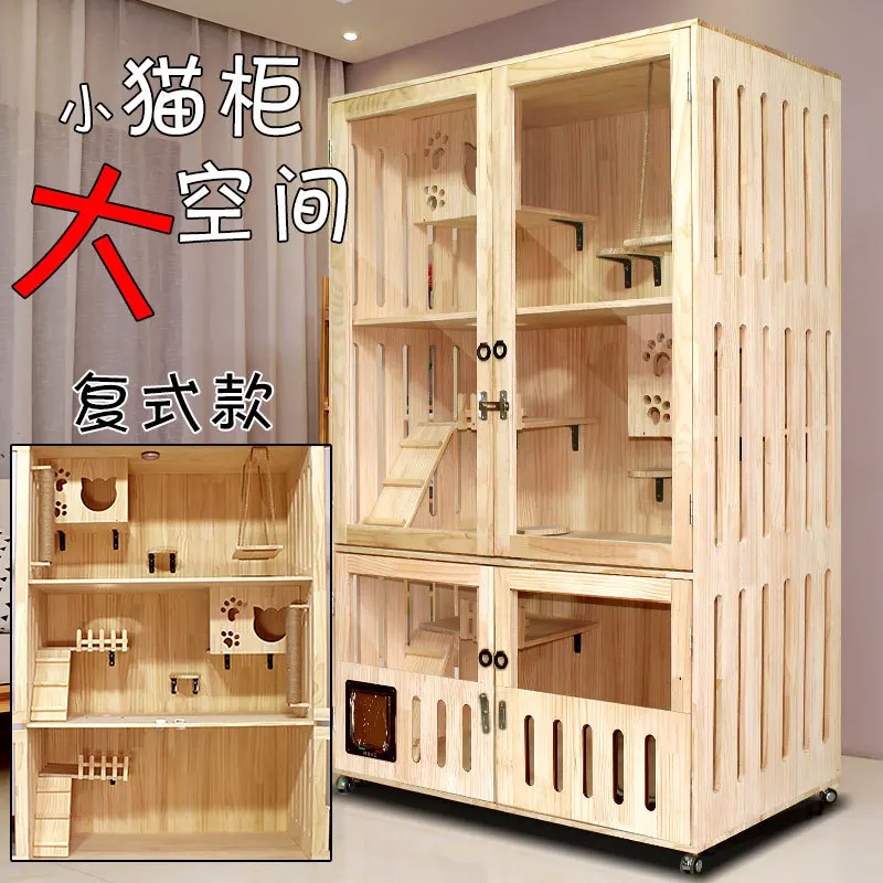 

Solid Wood Cat Villa Household Cat House Luxury Cage Nest Closed Cat Cage Cabinet House